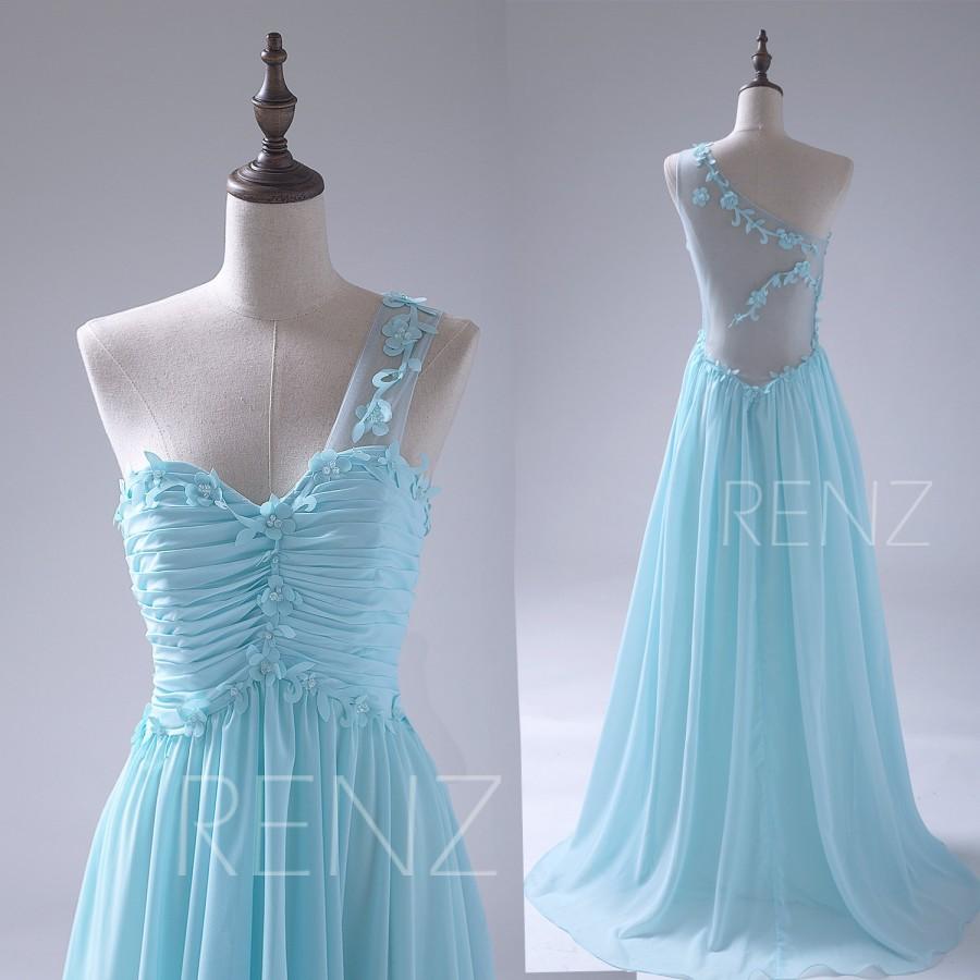 زفاف - 2015 Sky Blue Bridesmaid dress, Flower One Shoulder Wedding dress, Long Sweetheart Cocktail dress, Chiffon Formal dress Floor Length (S041)
