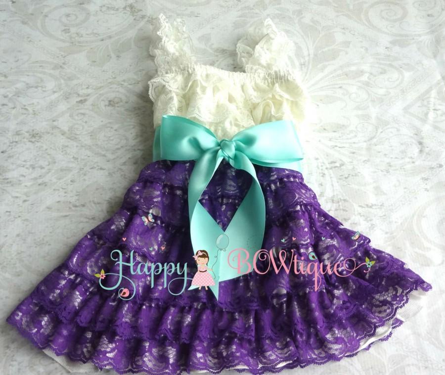 Свадьба - Flower girl dress- Purple Ivory Aqua Bow Lace Dress, baby girl dress,Rustic wedding dress,baby dress,flower girl dress,Purple dress,Birthday