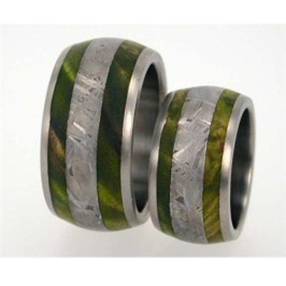 Wedding - Mens and Womens Wedding Ring Set, Meteorite and Wood Band