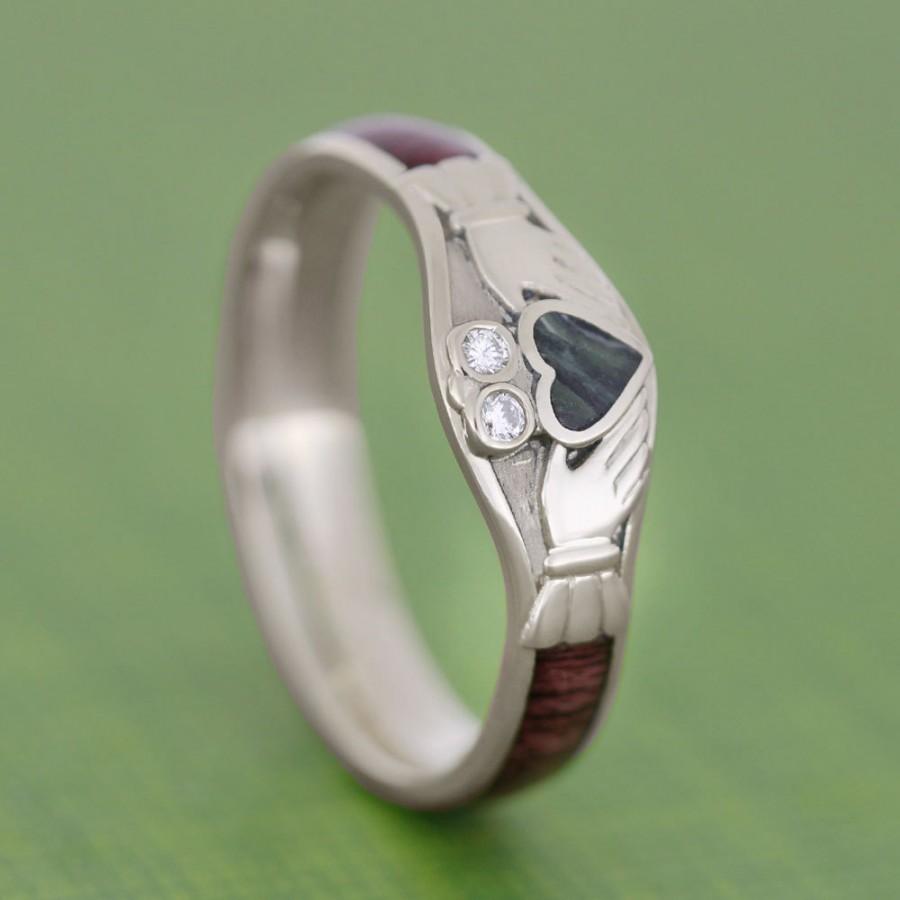 Hochzeit - Claddagh Ring, 14k White Gold Engagement Ring With A Jade Heart And Diamond Accent, Purple Heart Wood Ring