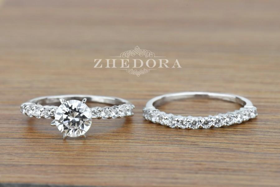 Hochzeit - Zhedora 3.0 CT Engagement Bridal Ring band set Round Cut SOLID 14k or 18K White Gold Amorphous Lab-Created Diamond, Wedding Ring Set
