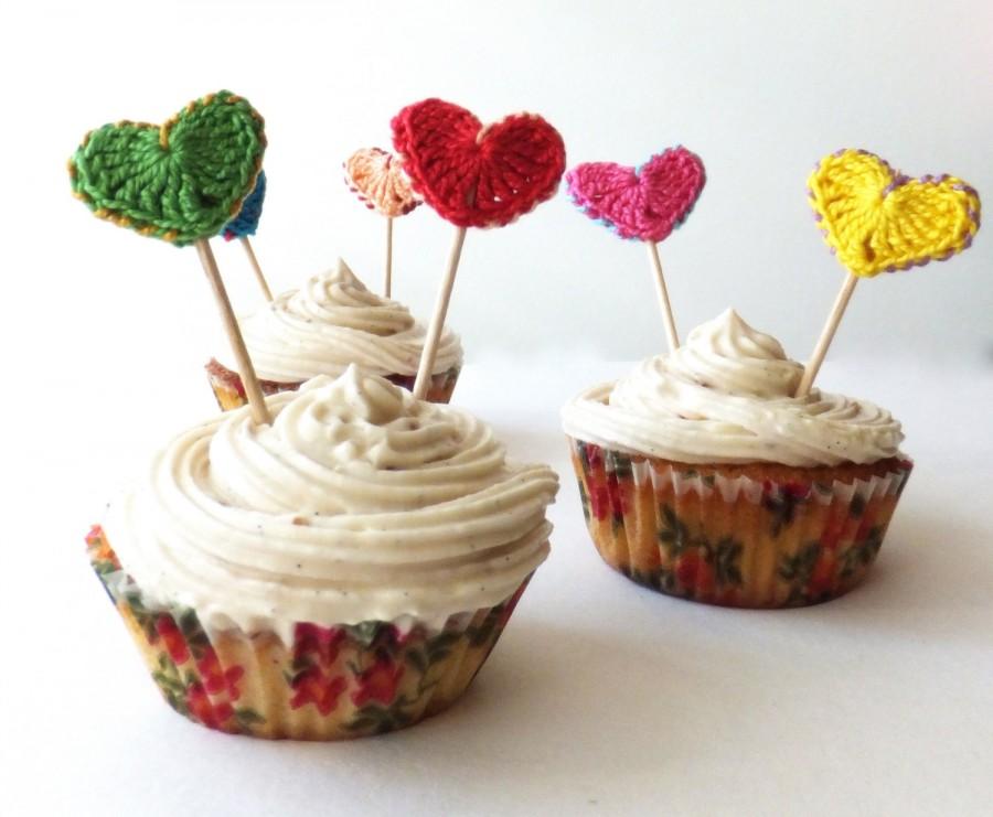 Mariage - Hearts cupcake topper - 1st birthday decoration - kids birthday cupcake toppers - party decoration -  crochet hearts - set of 6