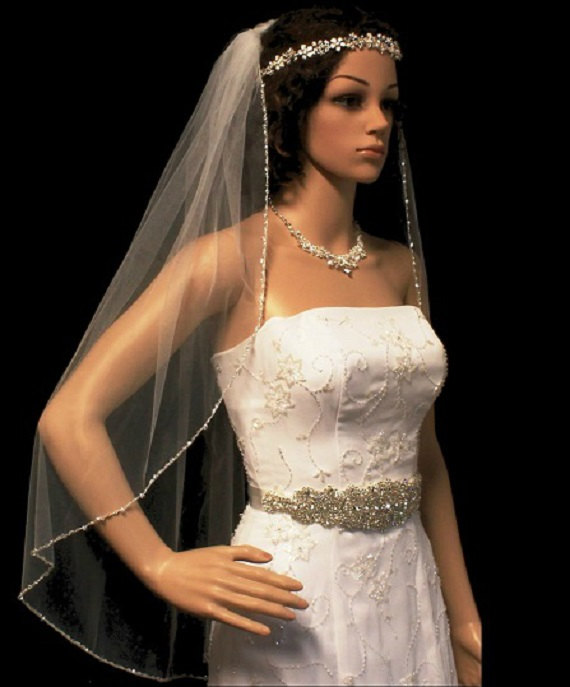 زفاف - Single layer veil with bugle beads and crystal edge