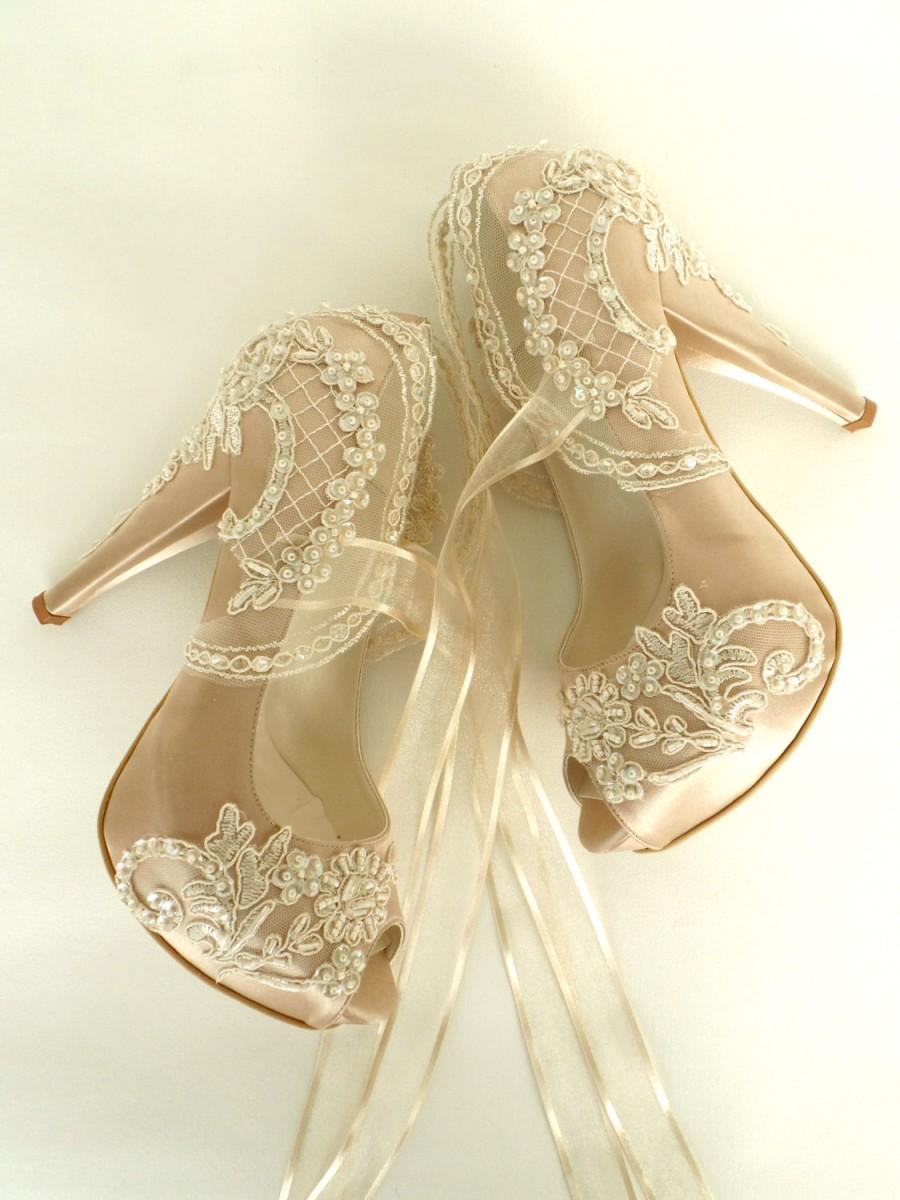 Mariage - Wedding Shoes - Champagne Embroidered Lace Bridal Shoes