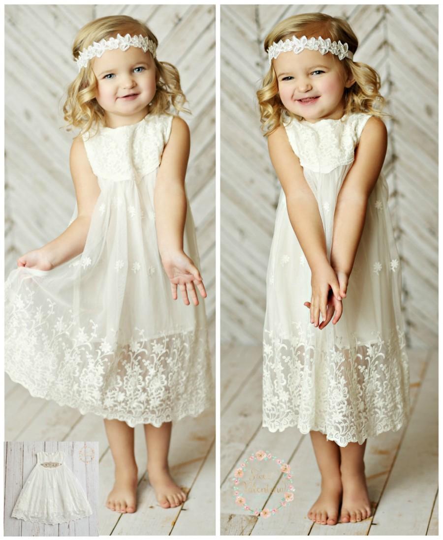 Wedding - White lace flower girl dress, girls lace dress, beach flower girl dress, rustic flower girl dress, birthday dress, boho flower girl dress.