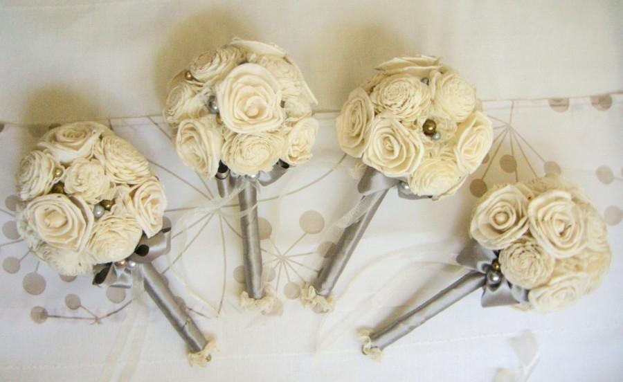 Mariage - Bridal Bouquet or Bridesmaid bouquet , Wedding Cream, White Fabric Bouquet, Sola flowers