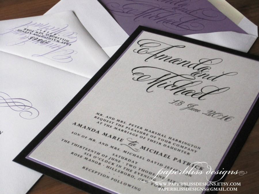 Свадьба - Modern Calligraphy Wedding Invitation sample set - Purple, Black and White modern typography wedding invite - Urban Chic wedding invitations