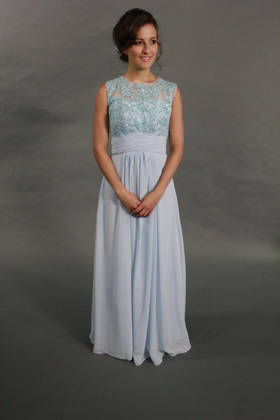 Mariage - See through back beaded illusion lace top light blue evening dress
