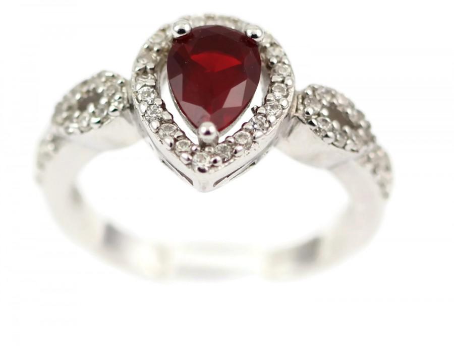 Wedding - 1.75 Carat Deep Red Garnet Pear Cut 925 Sterling Silver Cocktail Halo Solitaire Russian Iced Out Diamond Micro Pave Round CZ Fashion Ring