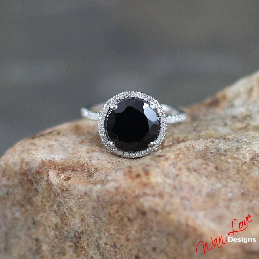 Свадьба - Black Spinel & Diamond Round Halo Engagement Ring 3ct 9mm 14k 18k White Yellow Rose Gold-Platinum-Custom made-Wedding-Anniversary-10k