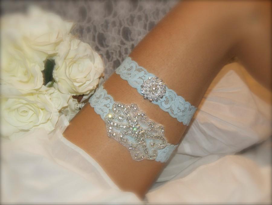 Wedding - Bridal garter set/Something blue/Rhinestone garter/Lace garter/Prom garter/aqua garter/aqua bridal garter