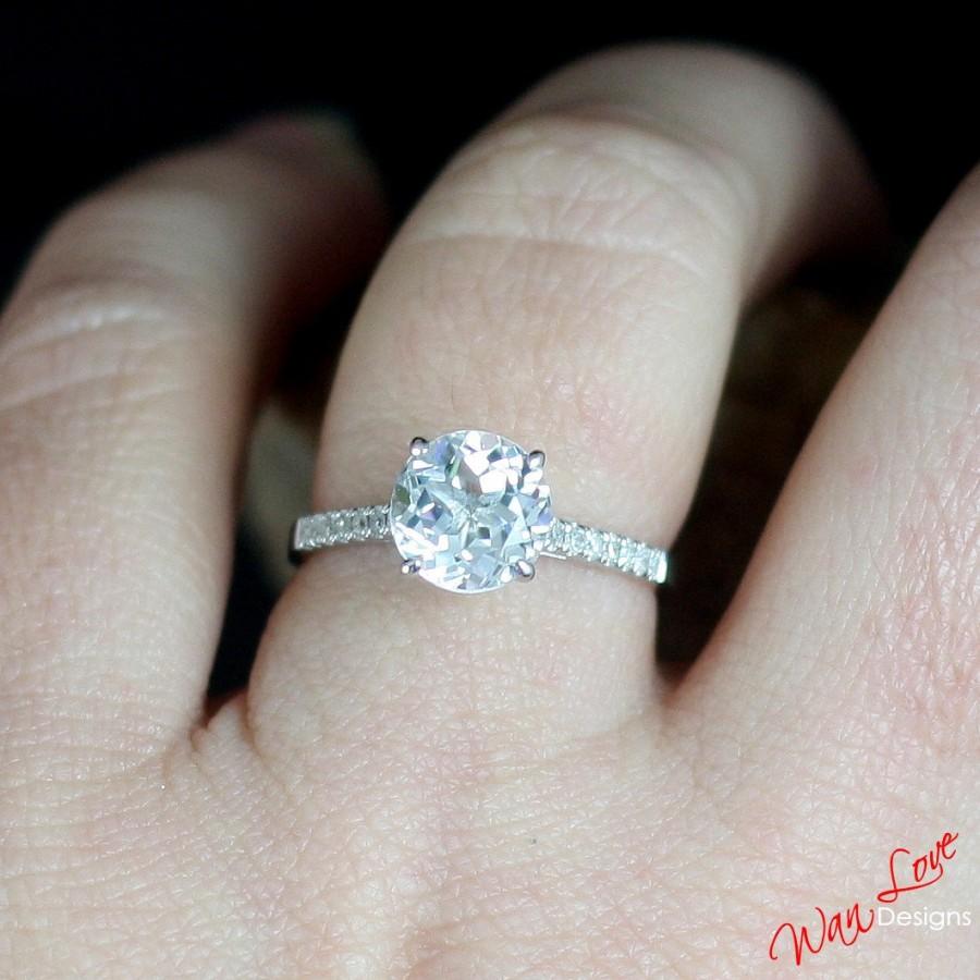 Свадьба - White Topaz & Diamond Engagement Ring Round Solitaire 2ct 8mm 14k 18k White Yellow Rose Gold-Platinum-Custom made size-Wedding-Anniversary