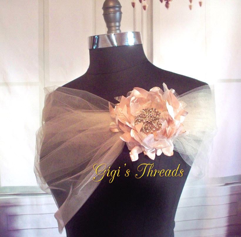 Wedding - Blush Tulle Bridal Wrap Champagne Tulle Shoulder Cover With Flower And Brooch Tulle Bolero Tulle Caplet Blush Shawl