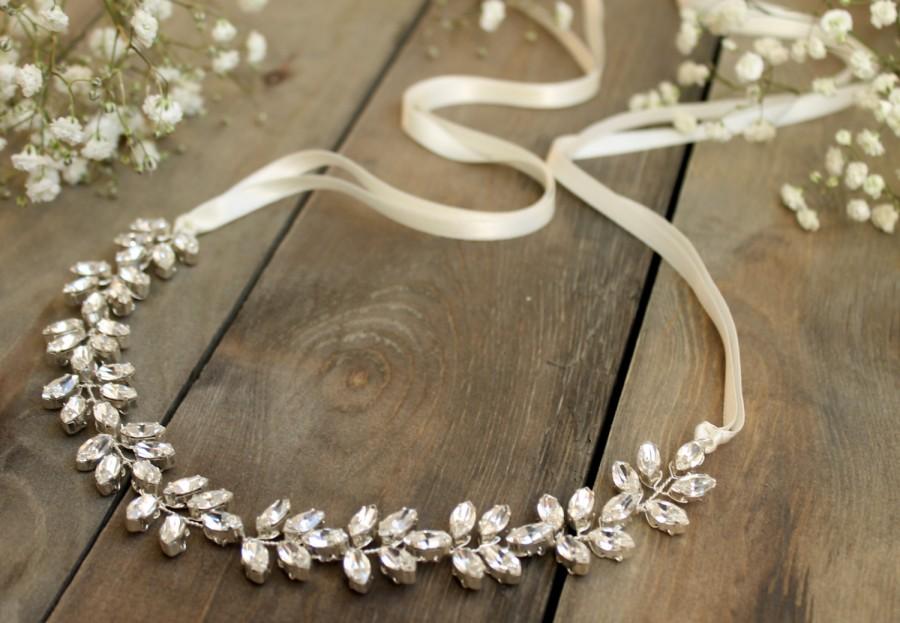 Hochzeit - Bridal forehead headpiece, Swarovski crystal hair vine, vintage bride, crystal halo, ribbon tie, boho wedding vine, Grecian bridal accessory