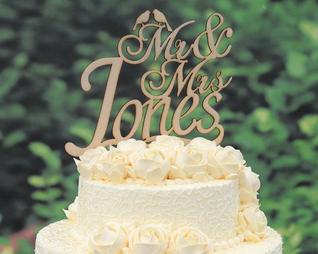 Wedding - Rustic Wood Wedding Cake Topper Monogram Mr and Mrs cake Topper Design Personalized with YOUR Last Name M001