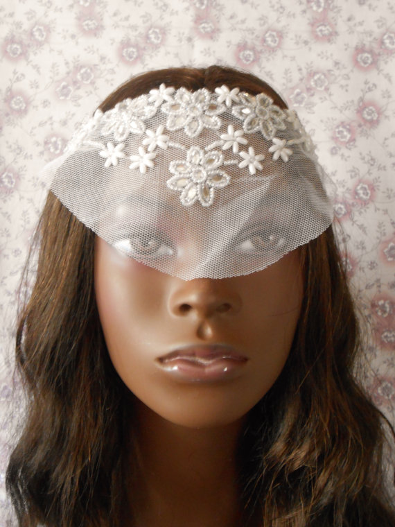 Hochzeit - Glam White Tulle Beaded and Rhinestone Forehead Veil $20
