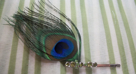 Свадьба - Peacock Feather Hair Pin With Lime Green Rhinestones $5