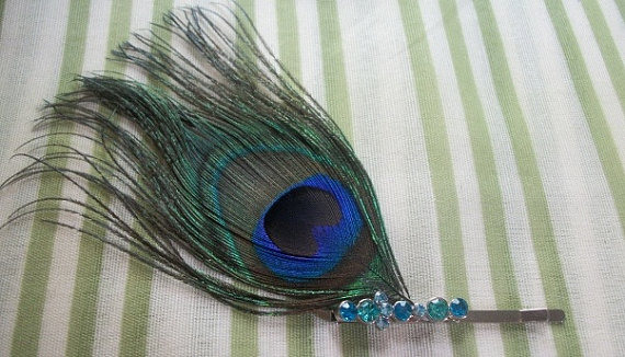 Hochzeit - Peacock Feather Hair Pin With Turquoise Rhinestones $5
