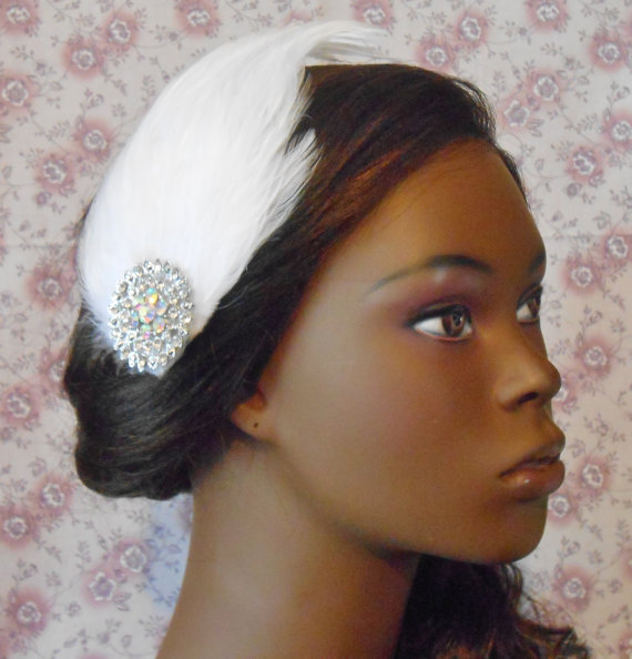 Hochzeit - Glam Rhinestone Cream White Feather Hair Clip $20