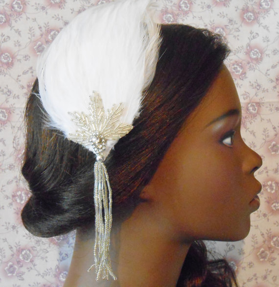 Hochzeit - Glam Beaded Cream White Feather Hair Clip $20