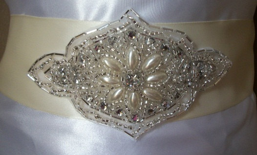 Hochzeit - Pearl and Crystal Bridal Sash With Ivory Ribbon $20