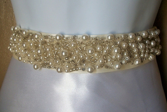Hochzeit - Pearl and Beaded Bridal Sash With Ivory Ribbon $50