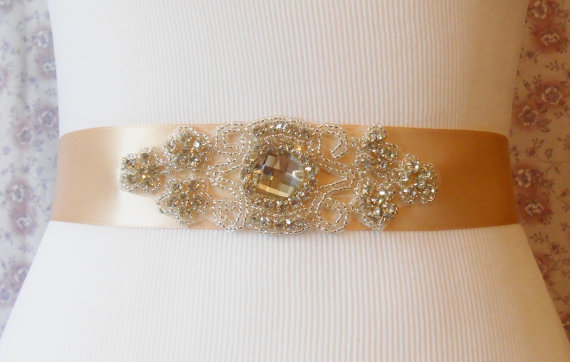 Hochzeit - Crystal Beaded Bridal Sash With Blush Ribbon $35