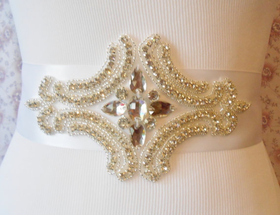 زفاف - Crystal Bridal Sash With White Ribbon $50