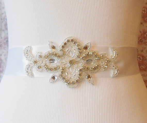 Hochzeit - Crystal Beaded Bridal Sash With White Ribbon $35