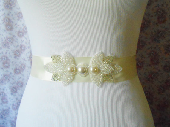 Wedding - Pearl and Beaded Bridal Sash With Antique White Ribbon $30