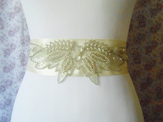 Hochzeit - Pearl and Beaded Bridal Sash With Antique White Ribbon $40