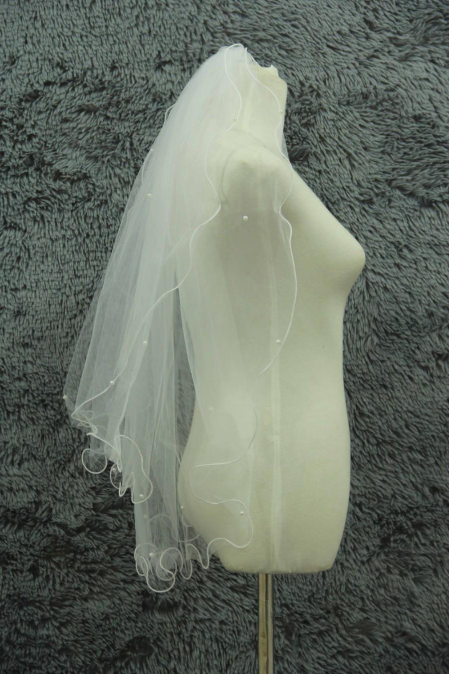 زفاف - 2T bead bridal veil, pencil edge veil, beads veil, simple beads veil, elbow veil, white ivory wedding veils, bridal accessories