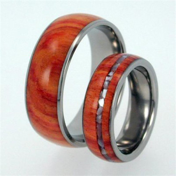 Wedding - Titanium Wedding Band Set with Mother of Pearl Inlay, Tulip Wood Ring, Waterproof, Ring Armor Included