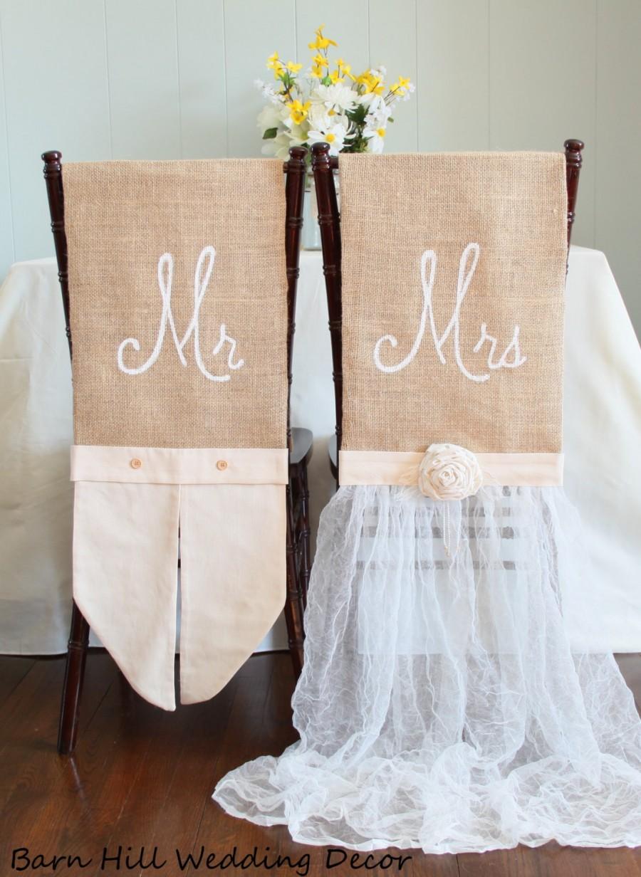 Set Of 2 Chavari Chair Wedding Seat Covers Ivory Mr & Mrs 