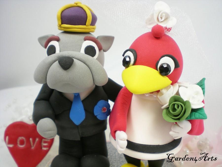 Hochzeit - Custom Wedding Cake Topper--College Mascot Love (JMU Duke Dog & South Carolina Cocky) with Circle Clear Base