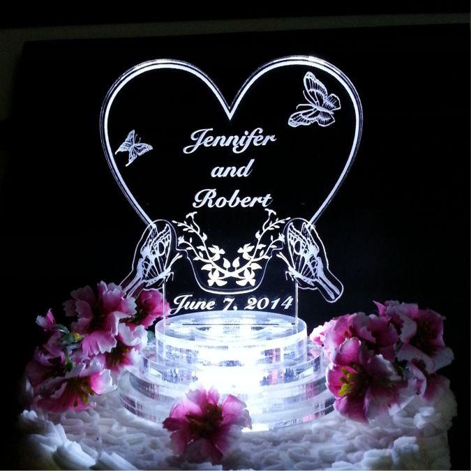 Hochzeit - Butterfly Wedding Cake Topper - Light Up Cake Top - LED Cake Topper - Butterfly Heart Wedding Cake Top - Acrylic Cake topper