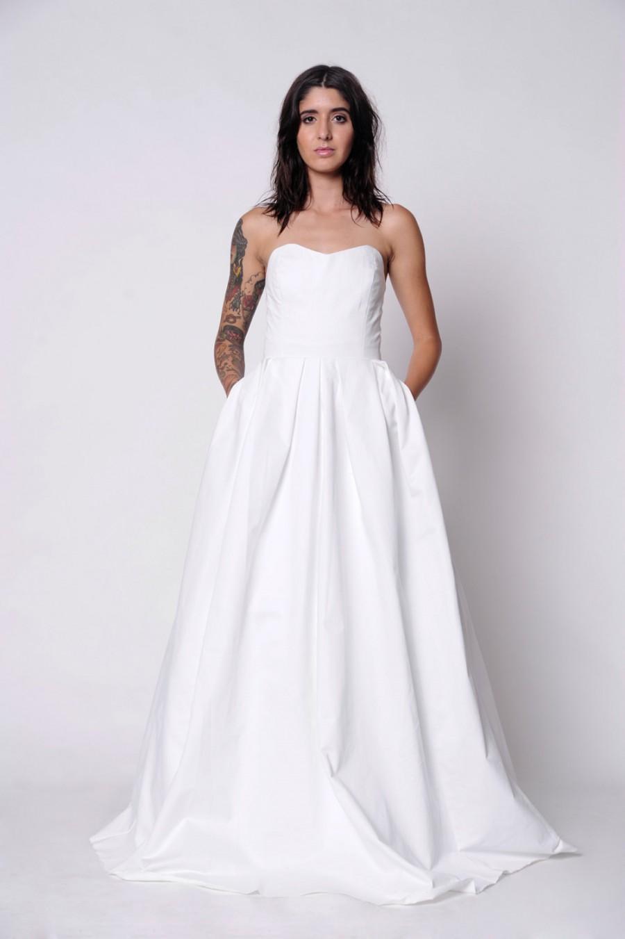 Wedding - Wedding Gown with Pockets. Midnight Skies Wedding Gown. Strapless Gown with Pleated Skirt and Button Detail. Custom Made to Order.