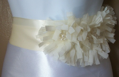 Свадьба - SALE Ivory Chiffon and Tulle Fringe Bridal Sash With Pearl Accents