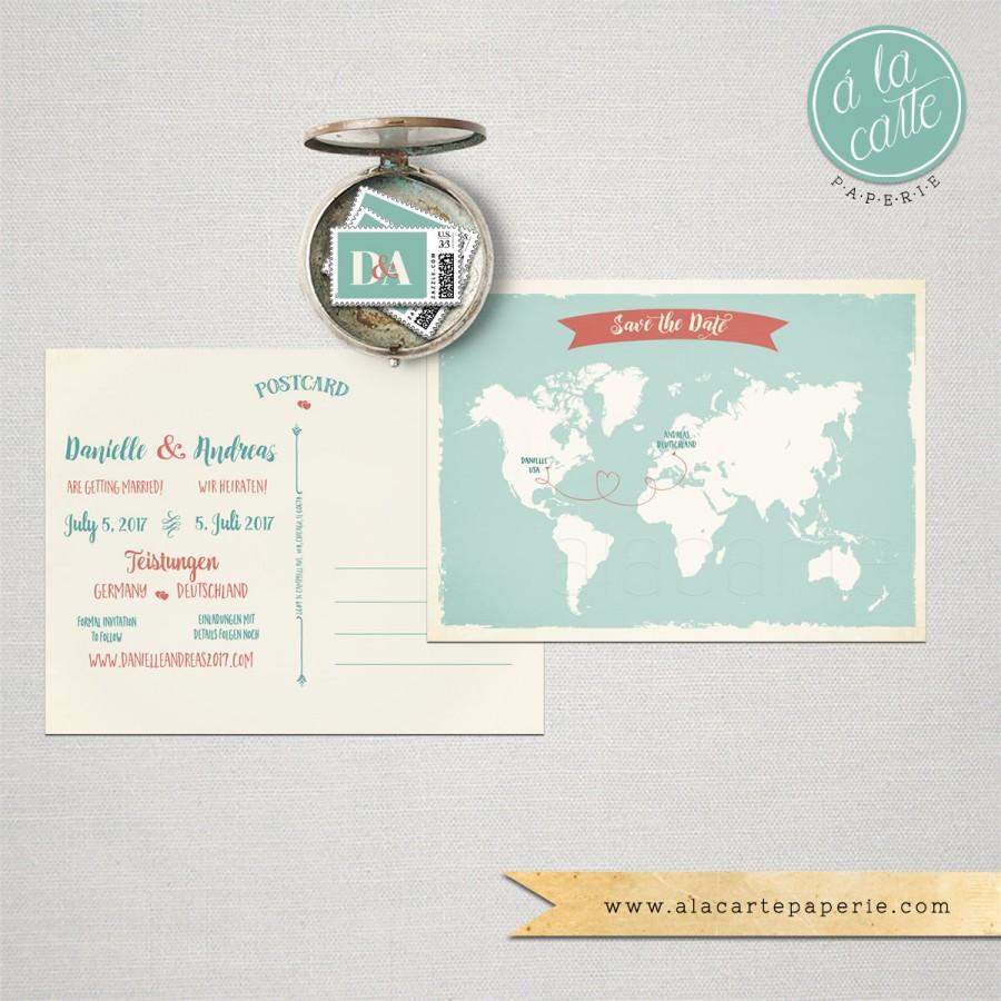 زفاف - Destination wedding Bilingual Save the Date Card World Map Card Two language save the date Wedding invitation World map International couple