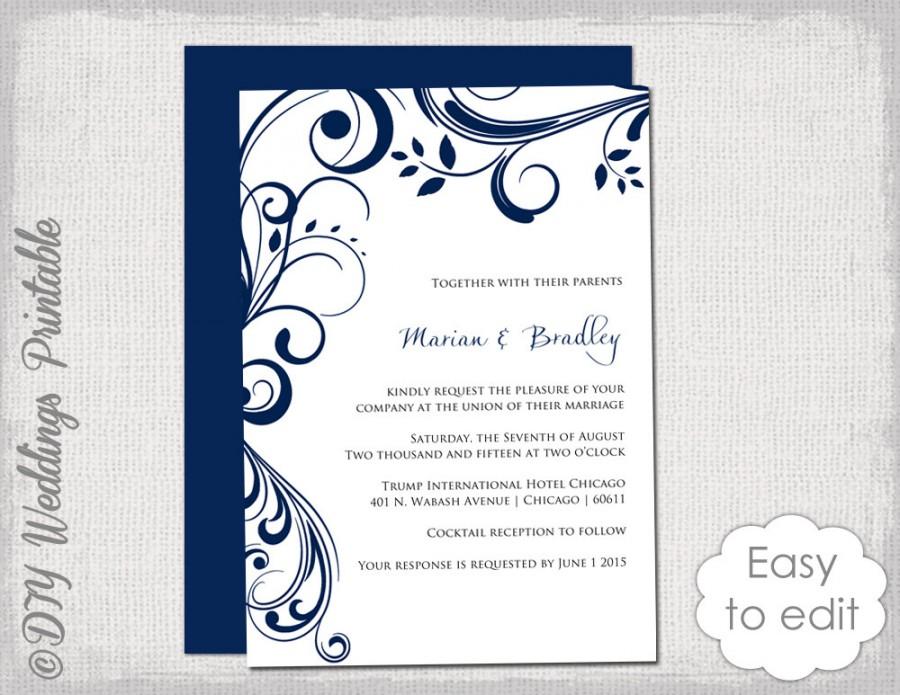 Wedding - Navy Wedding invitation template "Scroll" - Printable invitations - Navy blue YOU EDIT digital Word template/ JPG Instant Download