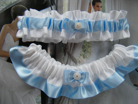 Wedding - Blue and White Satin Garter Set