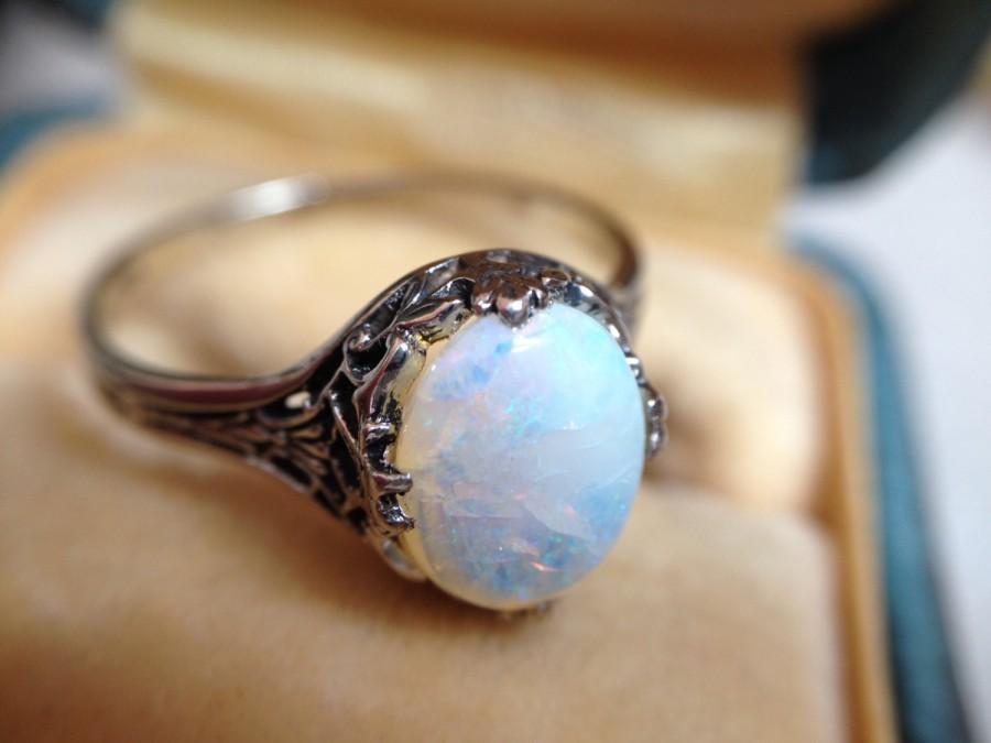 Wedding - Beautiful Art Deco 14k Filigree Fiery Large .50ct Opal Ring Egyptian Revival Size 5.50 US