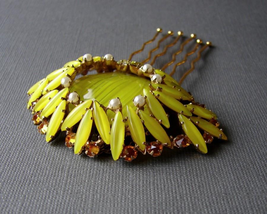 Mariage - Upcycled Vintage SCHREINER Jewelry Hairpiece Buttercup Yellow Wedding Hair Comb Amber Gold Rhinestone Headpiece Elegant Bohemian Chic Bride