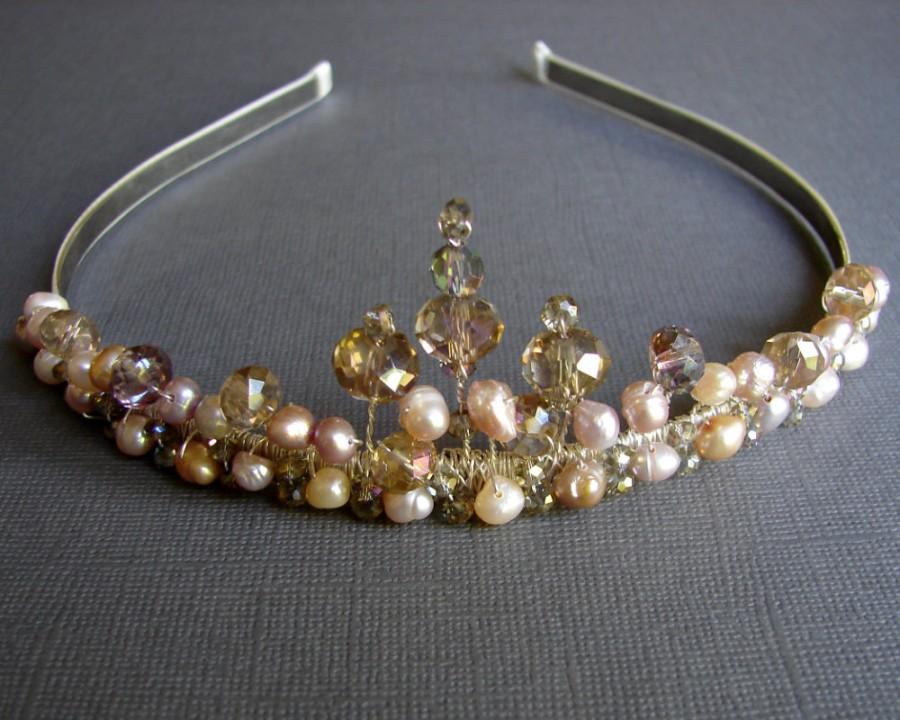 Mariage - Tiara Crown Amber Crystal Headband Freshwater Pearl Diadem Reign Wedding Renaissance Bride Medieval Costume Headdress Bohemian Bridal Crown