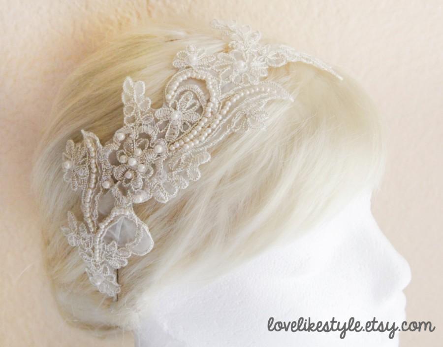 Свадьба - Light Gold Pearl Beading Lace Headband / Bridal Champagne  Headband, Light Gold Lace Head Piece