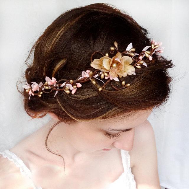 Wedding - bridal headpiece, pink and gold, wedding hair piece, pink flower crown, floral crown headband, gold flower crown, wedding headpiece, halo
