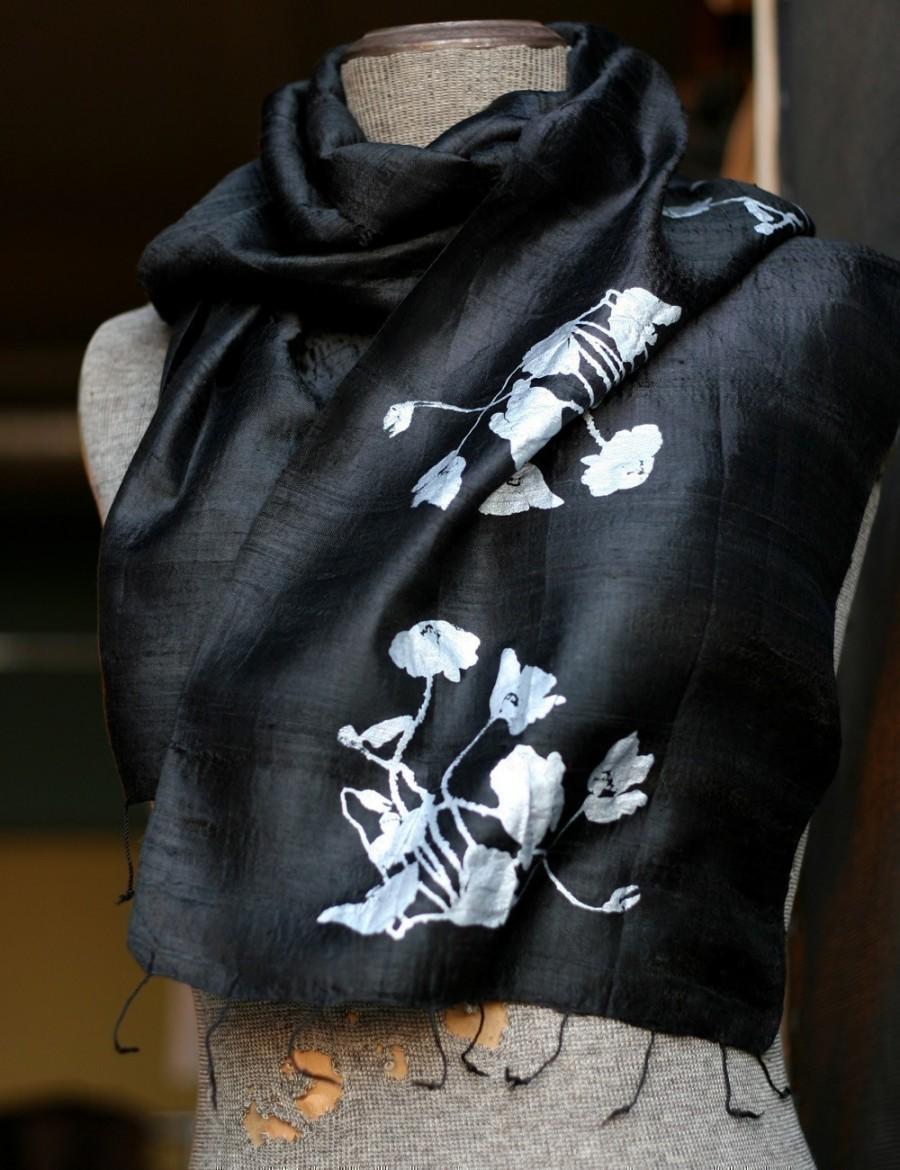 Hochzeit - Black woven silk scarf. Hand silkscreened "Poppy" design, silver and black. Fair trade raw silk.