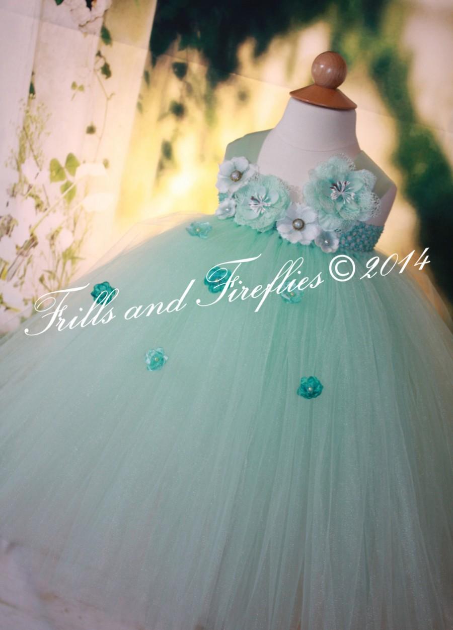 Wedding - Mint Green Flower girl dress, Rustic Shabby Chic Flowergirl Dress, Satin Ribbon Shoulder Straps, Weddings, 18-24 Mo 2t, 3t, 4t, 5t, 6