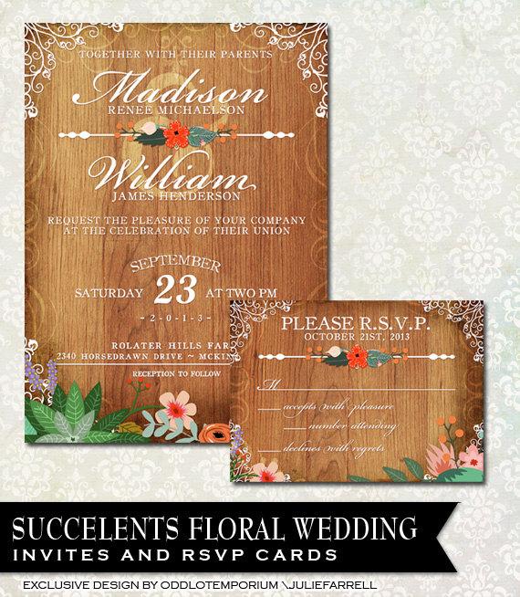 Свадьба - Rustic Wedding Invitation featuring vintage flowers on a rustic wood background-printable invitation and rsvp