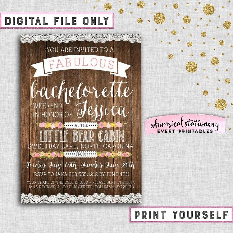 Hochzeit - Bachelorette Camping Weekend Invitation "Let's Go Glam-ping!" Collection (Printable File Only) Rustic Girl's Weekend Cabin